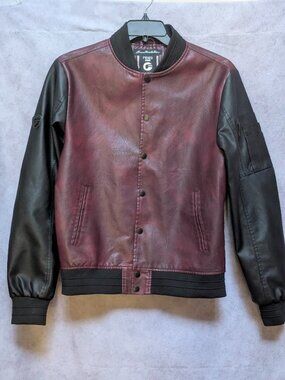 Fried Denim Faux Leather Varsity Bomber Jacket Burgundy Black M